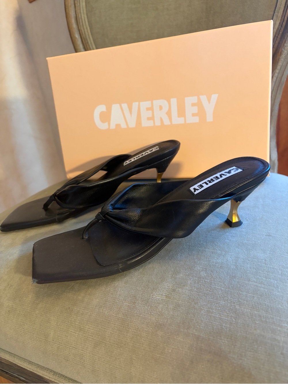 Caverley Stella Mule Black Square Toe Kitten Heel Slip On Straps EU 37